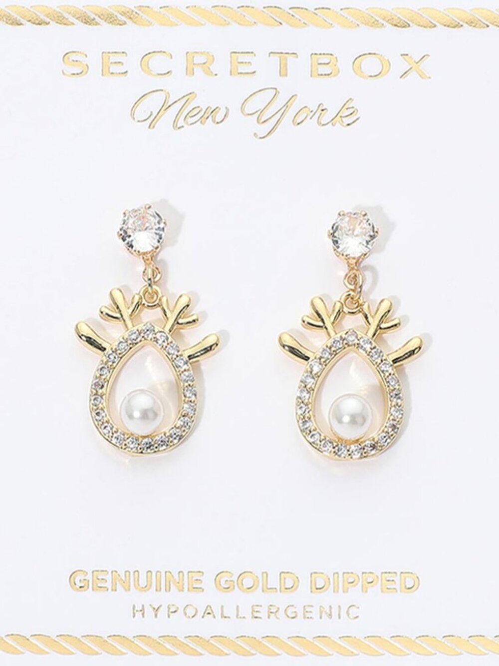 Pearl Reindeer Charm Dangle Earrings - Gold Dipped - Picture 2 of 2